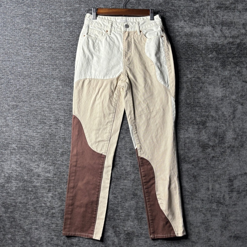 PacSun Women Multi-Tone Patchwork Mom Jeans Cream Tan Brown Size 24 High Rise